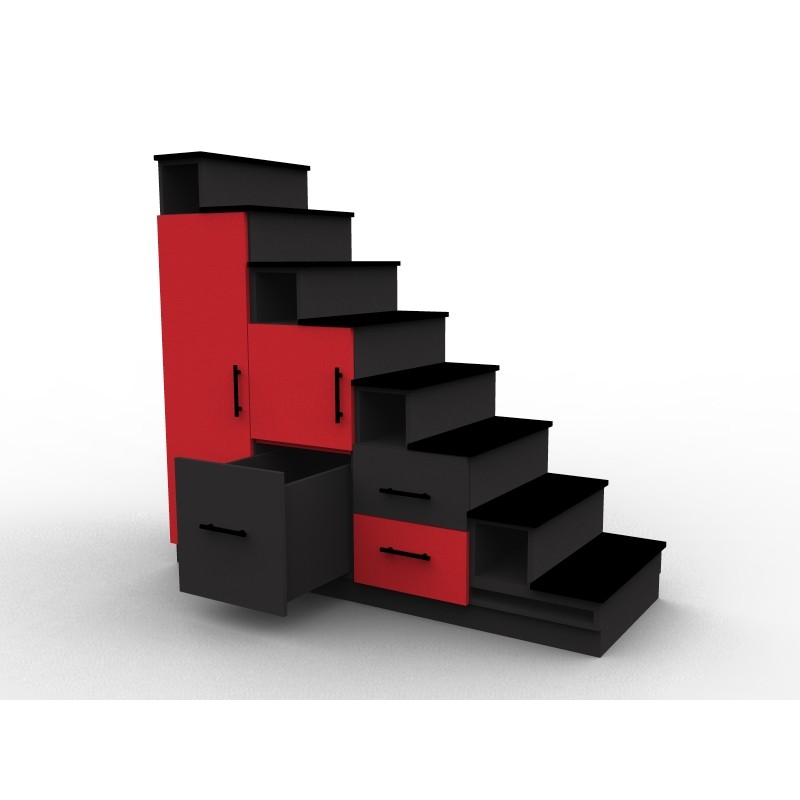 Meuble escalier rouge et noir avec portes et tiroirs, modèle Stendal aménagement mezzanine